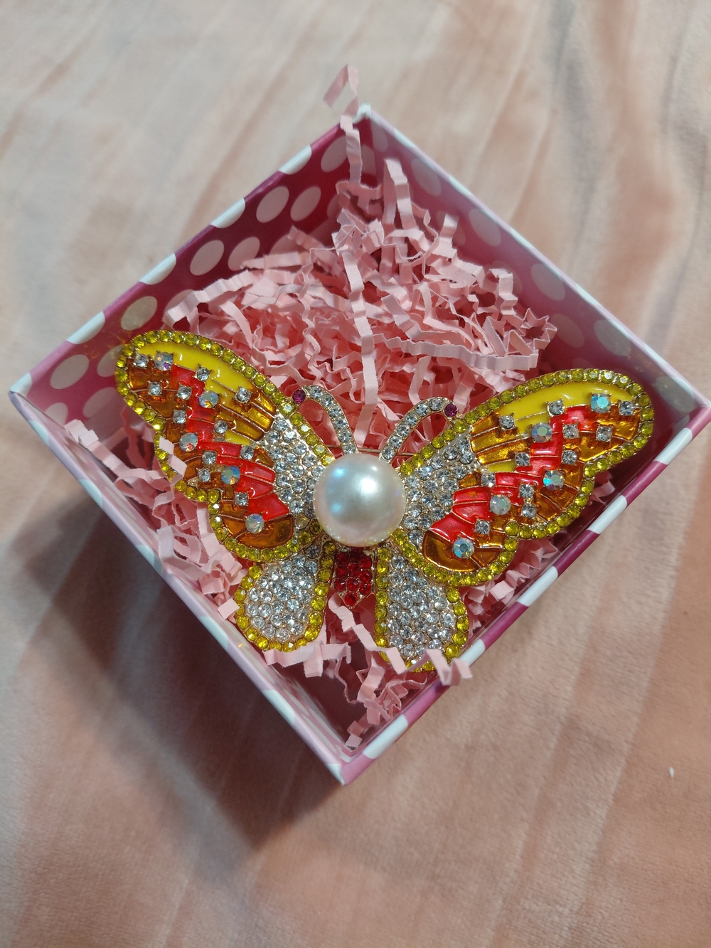 Butterfly Crystal Pearl Brooch - Gold & Red Accent